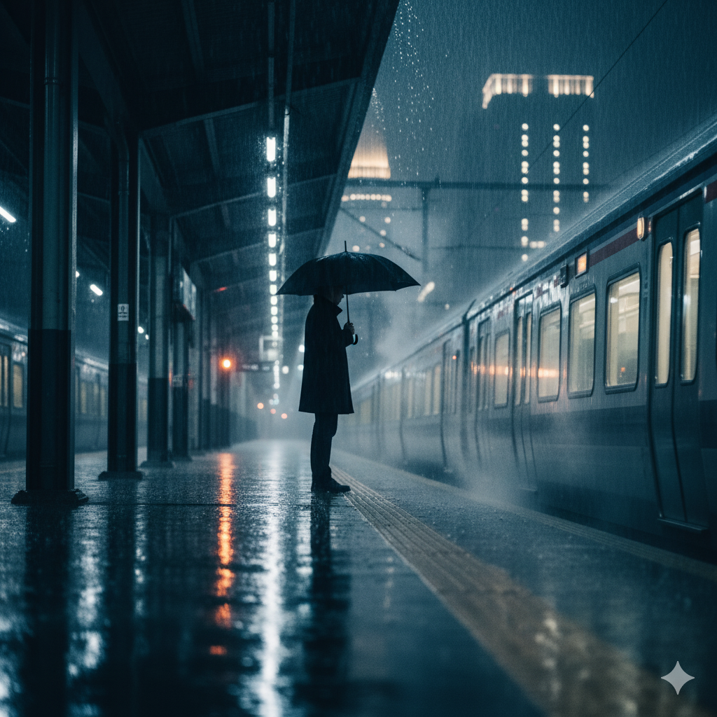 Siluet seseorang berdiri di peron stasiun saat malam dan hujan